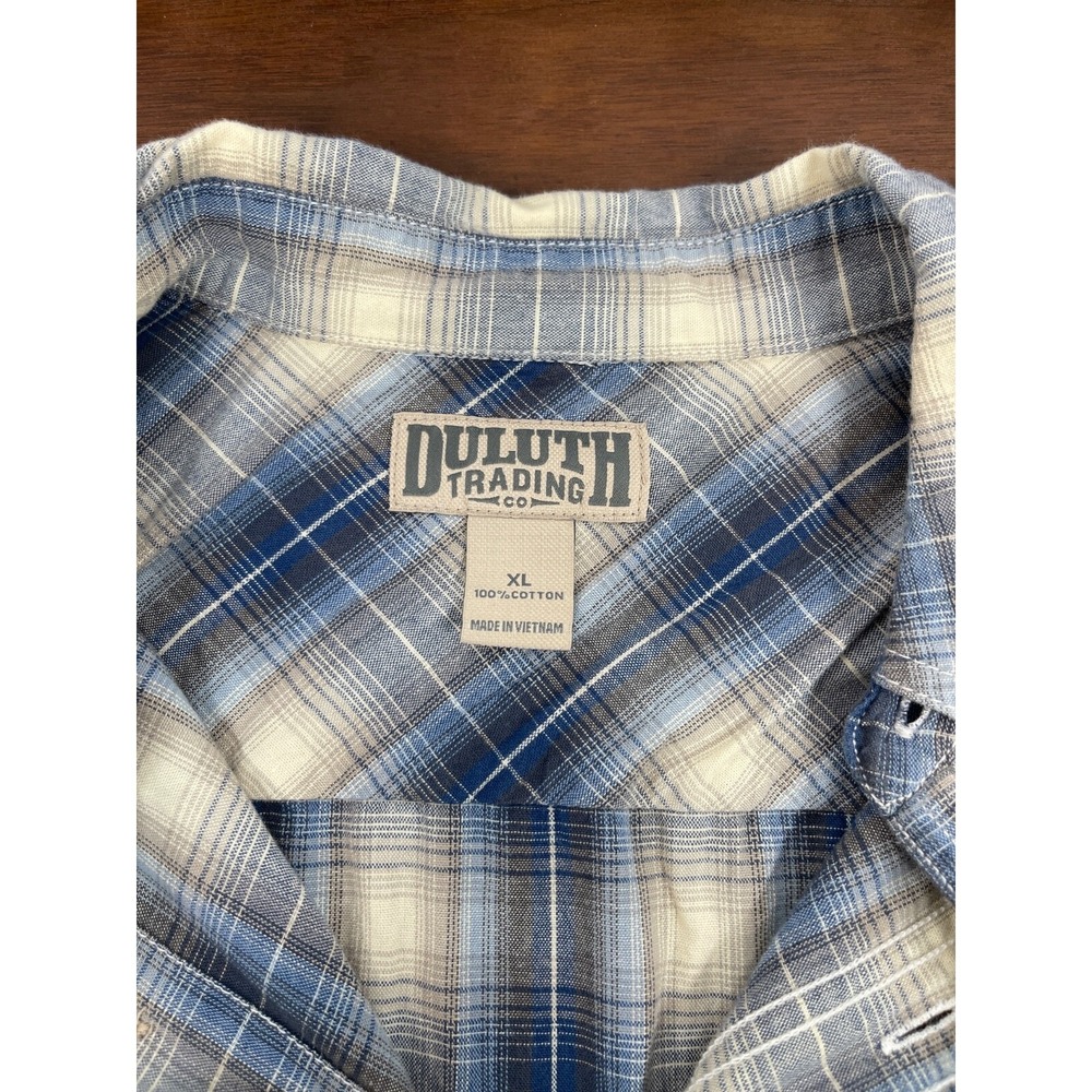 Duluth Trading Blue Plaid‎ Men's XL Reach Gusset Button Down Work Shirt